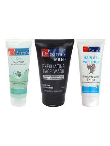 Buy Dr Batra's Men Exfoliating Face Wash - 125 g, Hair Gel - 100 gm and Face Wash Oil Control - 100 gm (Pack of 3 for Men)-Purplle