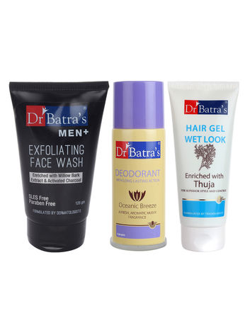 Buy Dr Batra's Men Exfoliating Face Wash - 125 g, Deo For Men 100GM and Hair Gel - 100 gm. (Pack of 3 For Men)-Purplle