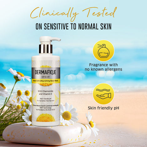 Buy Dermafique Hydra Soft Nourishing Body Wash a€“ 500 ml, Body Wash for Women & Men, Enriched with Vitamin E & Chamomile, Suitable for Sensitive-Normal Skin-Purplle