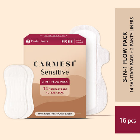 Buy Carmesi Sensitive 3-in-1 Flow Pack- Sanitary Pads (4L+8XL+2XXL) with 2 free Pantyliners-Purplle