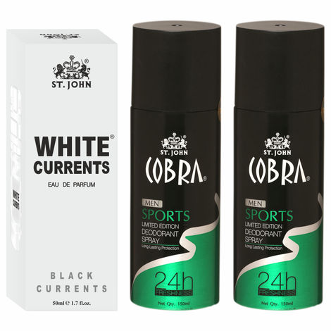 Buy St John Cobra Deodrant Sports 150 ml Pack of 2 & Cobra Black Current 50 ml Perfume Combo Gift Pack Perfume Body Spray - For Men & Women (350 ml, Pack of 3)-Purplle
