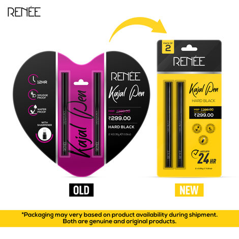Buy Renee Hard Black Kajal Pen with Sharpener - 24 Hrs Stay Long Lasting Super Black Kajal Pencil 0.35 gm each, Pack of 2, Matte Finish, Rich Color Payoff, Smudge & Water Proof with One Swipe Application Formula-Purplle