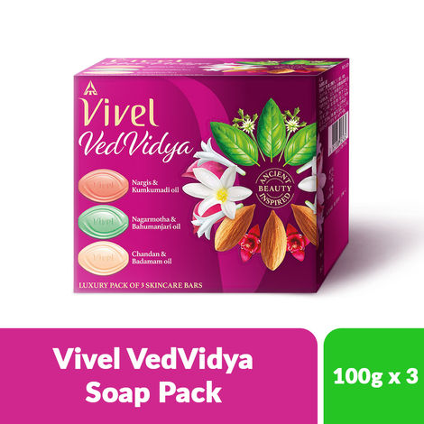 Buy Vivel VedVidya Luxury Pack of 3 Skincare Soaps for Soft, Even-toned, Clear, Radiant and Glowing Skin, Suitable for all Skin types, 100g Pack of 3-Purplle