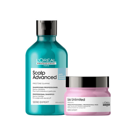 Buy L'Oreal Professionnel Scalp Advanced Anti-Dandruff Dermo-Clarifier Shampoo + Combo of Serie Expert Liss Unlimited Mask (300 ml + 250 gm)-Purplle