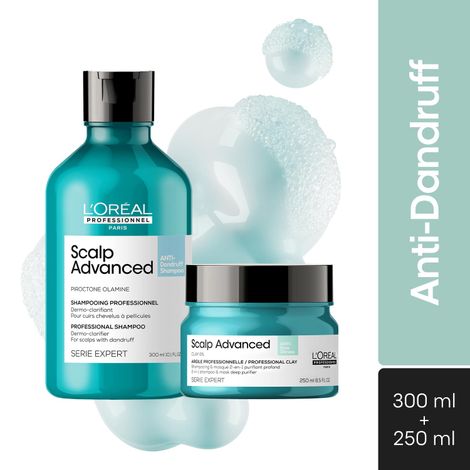 Buy L'Oreal Professionnel Scalp Advanced Anti-Dandruff Dermo-Clarifier Shampoo + Scalp Advanced Anti-Oiliness 2-In-1 Deep Purifier Clay (300 ml+250 gm)-Purplle
