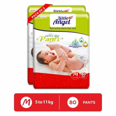 Buy Little Angel Extra Dry Baby Pants Diaper, Medium (M) Size, 80 Count, Super Absorbent Core Up to 12 Hrs. Protection, Soft Elastic Waist Grip & Wetness Indicator, Pack of 2, 40 count/pack, Upto 5-11kg-Purplle