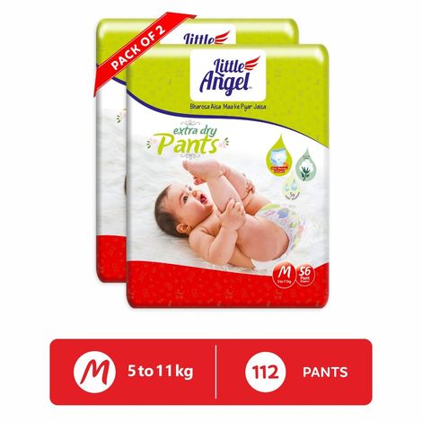 Buy Little Angel Extra Dry Baby Pants Diaper, Medium (M) Size, 112 Count, Super Absorbent Core Up to 12 Hrs. Protection, Soft Elastic Waist Grip & Wetness Indicator, Pack of 2, 56 count/pack, Upto 5-11kg-Purplle