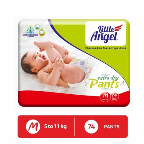 Buy Little Angel Extra Dry Baby Pants Diaper, Medium (M) Size, 74 Count, Super Absorbent Core Up to 12 Hrs. Protection, Soft Elastic Waist Grip & Wetness Indicator, Pack of 1, Upto 5-11kg-Purplle