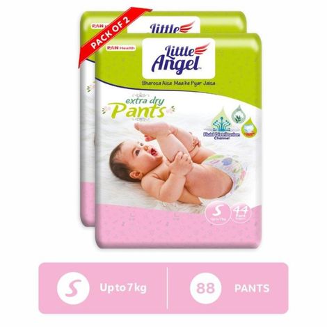 Buy Little Angel Extra Dry Baby Pants Diaper, Small (S) Size, 88 Count, Super Absorbent Core Up to 12 Hrs. Protection, Soft Elastic Waist Grip & Wetness Indicator, Pack of 2, 44 count/pack, Upto 7kg-Purplle