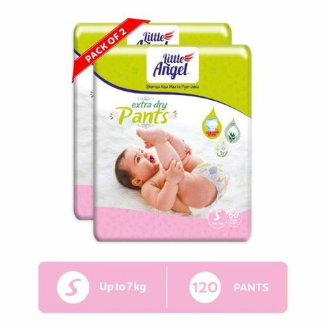 Buy Little Angel Extra Dry Baby Pants Diaper, Small (S) Size, 120 Count, Super Absorbent Core Up to 12 Hrs. Protection, Soft Elastic Waist Grip & Wetness Indicator, Pack of 2, 60 count/pack, Upto 7kg-Purplle