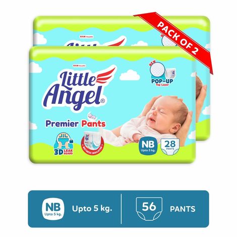 Buy Little Angel Premier Pants Baby Diaper, New Born (NB/XS) Size, 56 Count, Cottony Soft Material, Wetness Indicator, Breathable Layer, Extra Dry Core, Stretchable Sides, Pack of 2, 28 count/pack, up to 5 kgs-Purplle