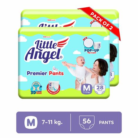 Buy Little Angel Premier Pants Baby Diapers, Medium (M) Size, 56 Count, Cottony Soft Material, Breathable, Extra Dry Core, Stretchable Sides, Pack of 2, 28 count/pack, 7-11 kgs-Purplle