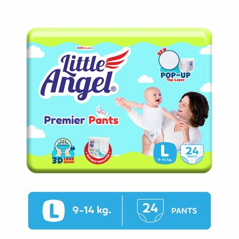 Buy Little Angel Premier Pants Baby Diapers, Large (L) Size, 24 Count, Cottony Soft Material, Breathable, Extra Dry Core, Stretchable Sides, Pack of 1, 9-14 kgs-Purplle