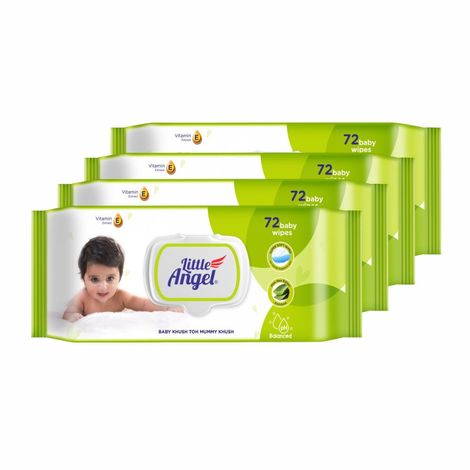 Buy Little Angel Super Soft Cleansing Baby Wipes Lid Pack, 288 Count, Enriched with Aloe vera & Vitamin E, pH balanced, Dermatologically Tested & Alcohol-free, Pack of 4,72 count/pack-Purplle
