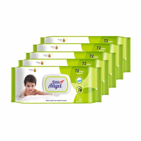 Buy Little Angel Super Soft Cleansing Baby Wipes Lid Pack, 360 Count, Enriched with Aloe vera & Vitamin E, pH balanced, Dermatologically Tested & Alcohol-free, Pack of 5,72 count/pack-Purplle