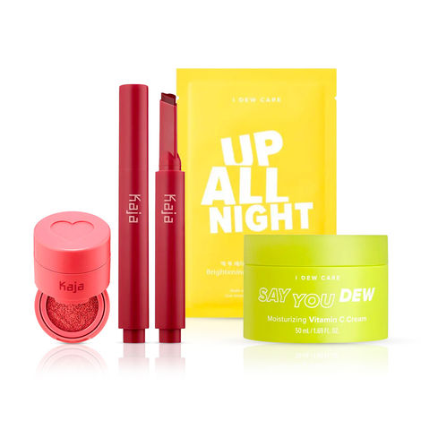 Buy Korean Face Makeup Bundle | Kaja Lip Gloss Stick (Too Hot), Kaja Cheeky Stamp (Bossy), I DEW CARE Say You Dew Vit C Cream, I DEW CARE Sheet Mask (Up all Night) Combo of 4-Purplle