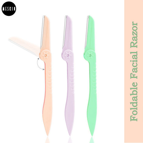 Buy MeSkin Foldable Face Razor for Women Painfree Facial & Upper Lips Hair Removal, Eyebrow Shaper & Dermaplaning Tool – 3 Pieces-Purplle