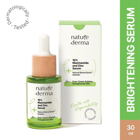 Buy Nature Derma 10% Niacinamide & Zinc Serum with Natural Biome-Boosta„¢ Solution For Acne Prone Skin | Bright & Strenghtened Skin | 30 ml | Dermatologically Tested-Purplle