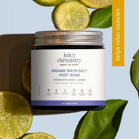 Buy Juicy Chemistry Organic Bath Salt / Foot Soak Fortified with Lemon + Lavender, 100 gm | Detoxifies, Soothes & Refreshes | Relaxing Aromatherapy & Skin Softening-Purplle