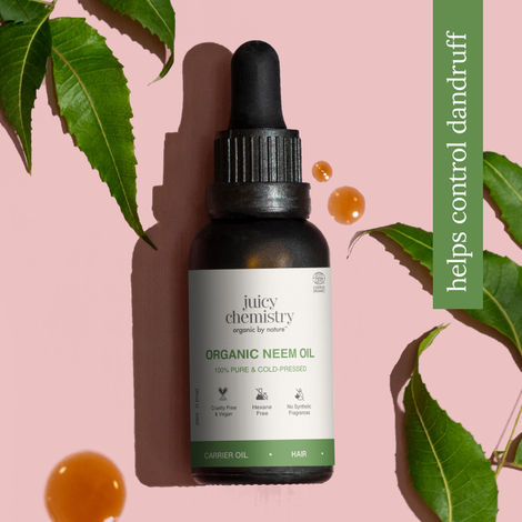 Buy Juicy Chemistry Organic Neem Oil, 30 ml | 100% Pure, Cold-Pressed & Certified Organic | Fights Acne, Dandruff & Scalp Build-Up | Antibacterial & Purifying for Skin & Hair-Purplle