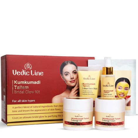 Buy Vedicline Kumkumadi Tailam Bridal Glow Kit helps Deep Clean Pores, Pull out impurities, and Fade Blemishes With Goodness of Almond Oil & Olive Oil For Healthy Glowing Skin 400ml*100gm-Purplle