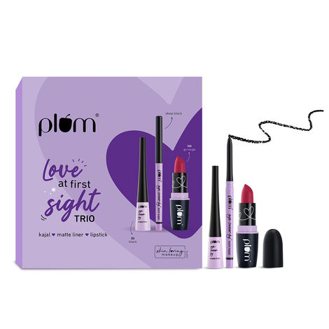 Buy Plum Love At First Sight Trio | Eye-Swear-By Kohl Kajal - Deep Black + Eye-Swear-By Matte Liner – 01 Black + Matterrific Lipstick – 125 Go Rouge | 100% Vegan & Cruelty Free-Purplle