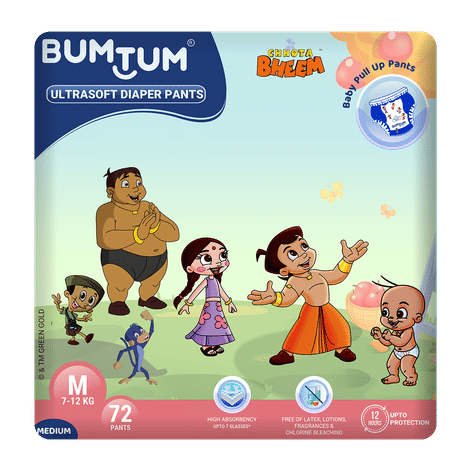 Buy Bumtum Chota Bheem Baby Diaper Pants with Leakage Protection -7 to 12 Kg (Medium, 72 Count, Pack of 1)-Purplle