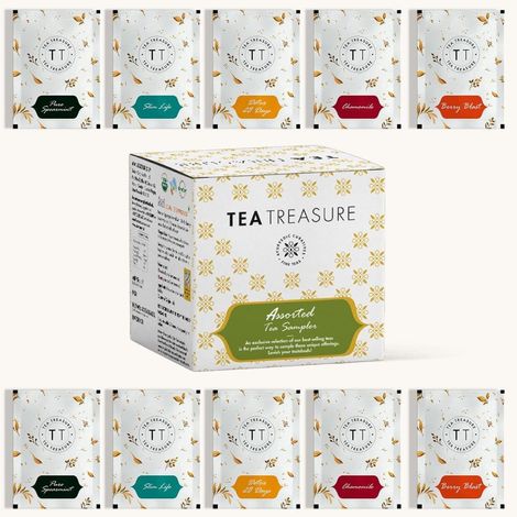 Buy Tea Treasure Assorted tea Sampler: Pure chamomile, Spearmint Tea, Berry Blast Tea, Slim life, 28 day detox (Each 2 Tea bags)-Purplle