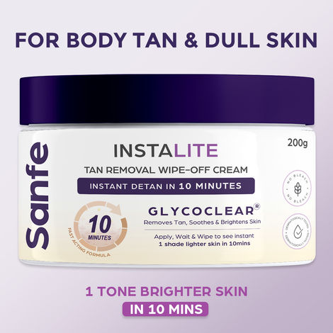 Buy Sanfe Detan Face Cream Instalite Detan Wipe Off 200 gm | With Glycoclear Technology | 1 Tone Brighter in 10 mintues | For Legs, Arms and Back | Detan Cream for Tan Removal & Glowing Skin-Purplle