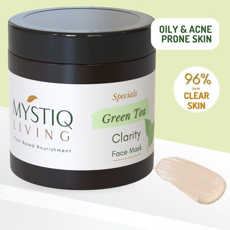 Buy Mystiq Living Acne Face Mask Green Tea Clarity (100 GM) Tan Removal, Face Mask, Anti Acne, De Tan, Acne Marks, Pimples, Oily & Acne Prone Skin and Glowing Skin | D Tan Pack Ayurvedic Formulation | Neem, Tulsi & Green Tea, For Women & Men 100 gm-Purplle