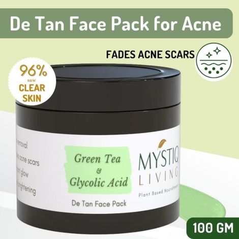 Buy Mystiq Living Acne Face Mask Green Tea Clarity (100 GM) Tan Removal, Face Mask, Anti Acne, De Tan, Acne Marks, Pimples, Oily & Acne Prone Skin and Glowing Skin | D Tan Pack Ayurvedic Formulation | Neem, Tulsi & Green Tea, For Women & Men 100 gm-Purplle