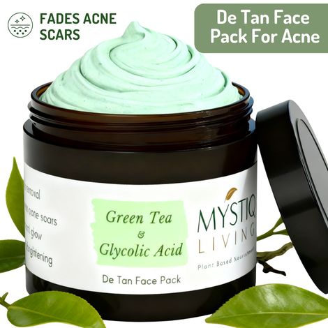 Buy Mystiq Living Acne Face Mask Green Tea Clarity (100 GM) Tan Removal, Face Mask, Anti Acne, De Tan, Acne Marks, Pimples, Oily & Acne Prone Skin and Glowing Skin | D Tan Pack Ayurvedic Formulation | Neem, Tulsi & Green Tea, For Women & Men 100 gm-Purplle