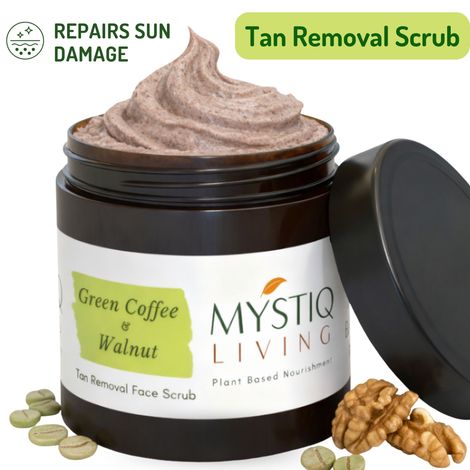Buy Mystiq Living Tan Removal Face Scrub Green Coffee Blemish Clear (100 Gm) Coffee Scrub For De tan Exfoliate Dead Skin and Blackheads, Skin Brightening with Walnut For Women & Men-Purplle