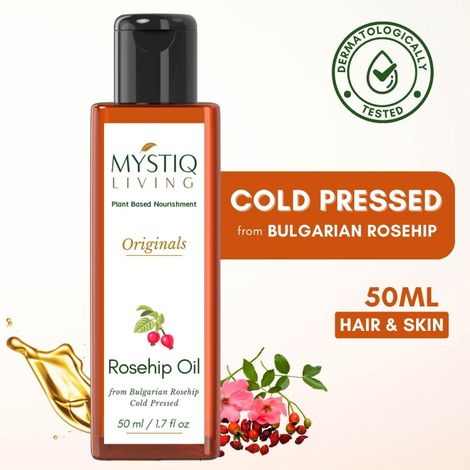 Buy Mystiq Living Rosehip Oil (50 ml) Rose Hip Face Oil Natural Serum, Facial Oil, Face Massage Oil,100% Pure, Cold Pressed Oil for Face, Skin and Hair-Purplle