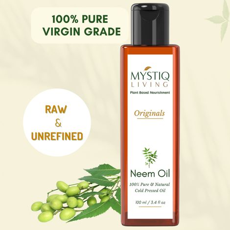 Buy Mystiq Living Neem Oil (100 ml) | Pure Neem Oil | Neem Oil for Hair | Neem Oil For Face | Neem Hair Oil | For Hair And Skin | Cold Pressed, 100% Pure And Natural-Purplle