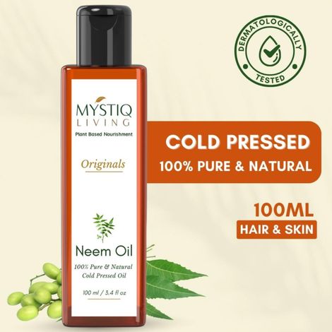 Buy Mystiq Living Neem Oil (100 ml) | Pure Neem Oil | Neem Oil for Hair | Neem Oil For Face | Neem Hair Oil | For Hair And Skin | Cold Pressed, 100% Pure And Natural-Purplle