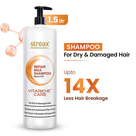 Buy Streax Professional Vitariche Care Repair Max Shampoo For Dry, Damaged Hair, (1500 ml)-Purplle