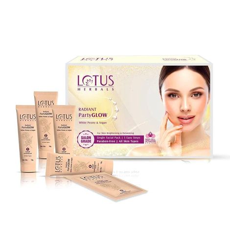Buy Lotus Herbals Radiant PartyGLOW White Peony & Argan Oil Detanning Facial Kit | 5 Easy Steps | Paraben Free | Salon Grade | All Skin Types | Pack of 4 | 228g-Purplle