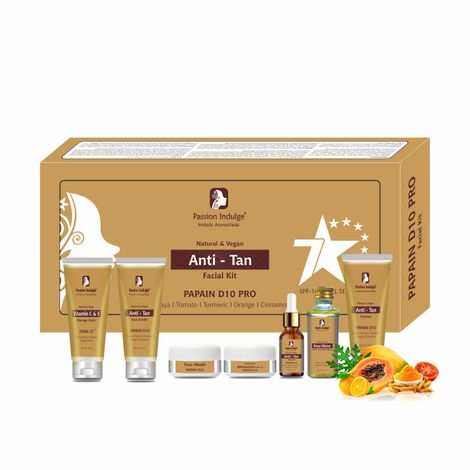Buy Passion Indulge Papain D10 7 Star Pro Facial Kit For Anti Tan|Glowing Skin With Papaya, Tomato, turmeric, Orange, Cinnamon |SPF 15| Home Facial Kit | professional Kit | Detan Kit| 7 steps-Purplle