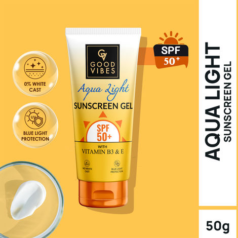 Buy Good Vibes AquaLight Sunscreen SPF 50+ (50 gm) with Vitamin E and Vitamin B3 (Niacinamide) | Lightweight Dewy Sunscreen | Best for Summer | Blue Light Protection | No White Cast-Purplle