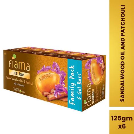 Buy Fiama Gel Bathing Bar Golden Sandalwood Oil & Patchouli with Skin Conditioners for Moisturised, 750 gm (125g - Pack of 6), For All Skin Types-Purplle