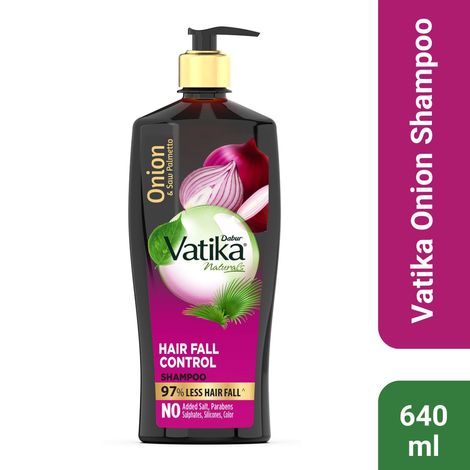 Buy Dabur Vatika Onion Hair Fall Control Shampoo - 640ml | Up to 97% Hair Fall Reduction I With Onion and Saw Palmetto I No Nasties Shampoo | Fortified with Vitamin E & Pro-Vitamin B5-Purplle