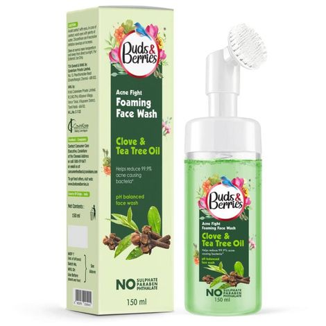 Buy Buds & Berries Clove & Tea Tree Oil Foaming Face Wash for treating acne with Built-In Soft Silicone Brush | pH Balanced Gentle Face Wash | No Sulphate, No Paraben (150 ml)-Purplle