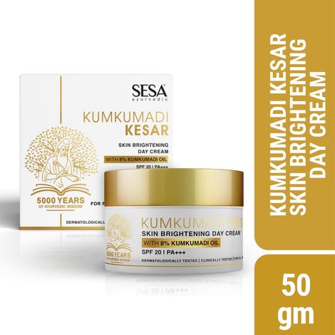 Buy SESA 8% Kumkumadi Kesar Skin Brightening Day Cream with SPF 20 & PA +++ I 50g I Ayurvedic , Lightweight Moisturizer, For Glowing Skin, Skin Brightening & Lightening cream, Protection from sun damage & Reduced Dark spots-Purplle
