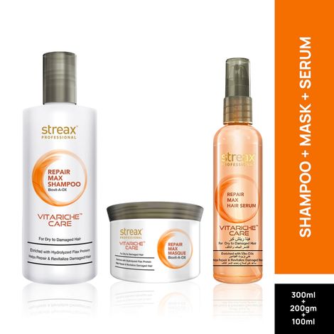 Buy Streax Professional Vitariche Care Repair Max Combo (Shampoo + Mask + Serum) (300 ml + 200 gm + 100 ml)-Purplle