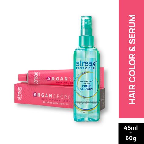 Buy Streax Professional Vitariche Gloss Hair Serum + Argan Secret Hair Colourant Cream - Soft Black 2 (45 ml + 60 g )-Purplle