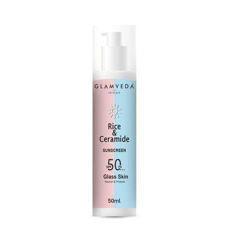 Buy Glamveda Glass Skin Rice & ceramide Dewy Sunscreen SPF 50 PA+++ Broad Spectrum Blue Light Filter No White Cast Non Comedogenic Water & Sweat Proof (50 ml)-Purplle