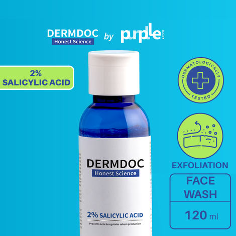 Buy DERMDOC by Purplle 2% Salicylic Acid face wash (120 ml) | face wash for oily skin | face wash for acne prone skin | acne marks, blackheads, small acne bumps on face, oil control, gentle cleanser-Purplle