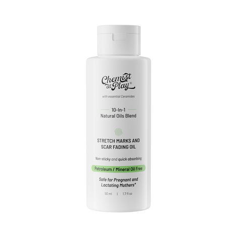 Buy Chemist at Play Stretch Mark & Scar Fading Oil | Scar Removal & Reduce Stretch Marks | 10 Natural Oils (includes Almond, Rosemary, Rosehip Oils & more), Vitamin C & E | Pregnant Women Friendly | Mineral Oil Free | For Women & Men | 50ml-Purplle