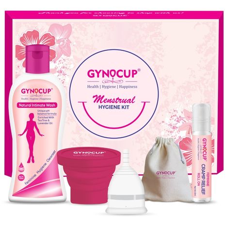 Buy GYNOCUP Menstrual Cup for Women| Medium Size |With Menstrual Cup Sterilizer Container|& Female Intimate Wash 100 ml With 1 Cramp Relief Roll 10 ml (Combo)-Purplle